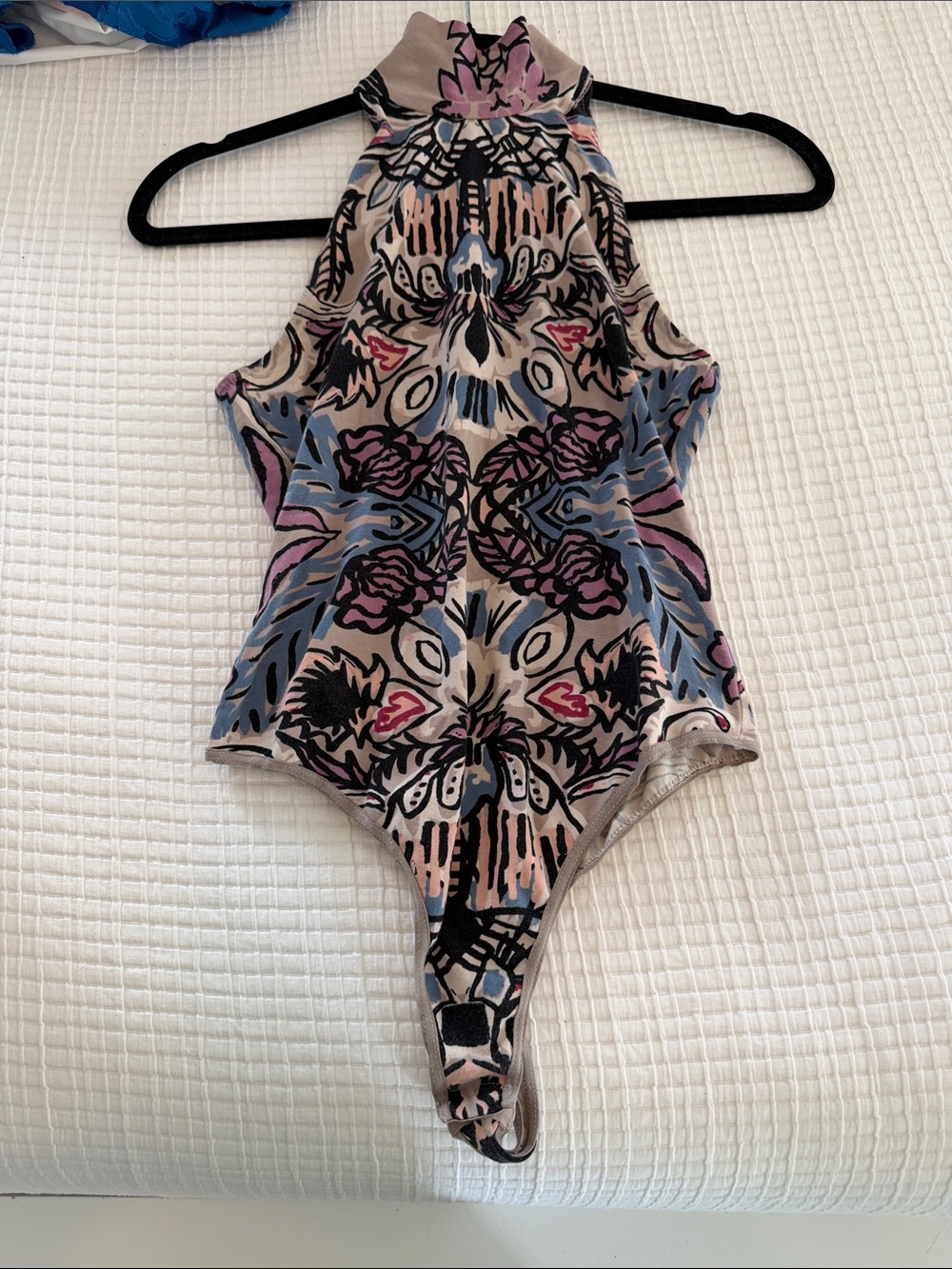 Free People High-Neck Patterned Bodysuit in Pink, Blue, Black